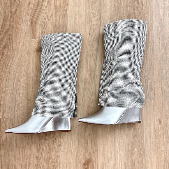 NEW Steve Madden‎ Riski Rhinestone Foldover Tall Wedge Boots in Silver Size 6.5 - Picture 5 of 10